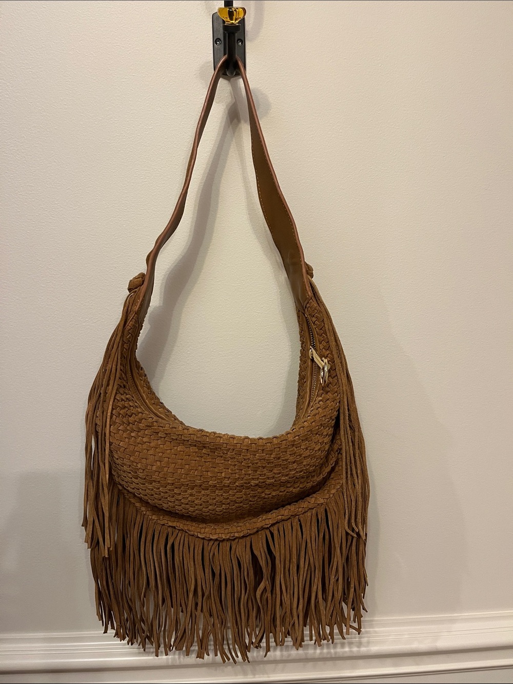 Elizabeth and James Suede Brown Hobo Woven Fringe Shoulder Bag
